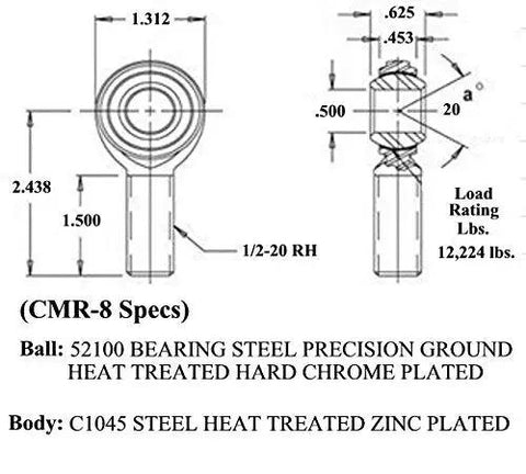 Bulletproof 1/2 Inch Rod End Kit Featuring Heat Treated Steel Bodies And Machined Aluminum Cone Spacers Hardcore 4 Link Steering Rig Built Tough For Offroad Trails specifications diagram showing dimensions and materials.