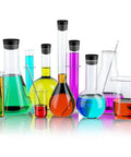 Colorful chemistry lab glassware with rubber stoppers, showcasing a variety of flask and test tube sizes for experiments.