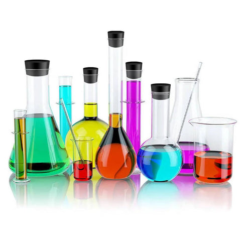 Colorful chemistry lab glassware with rubber stoppers, showcasing a variety of flask and test tube sizes for experiments.