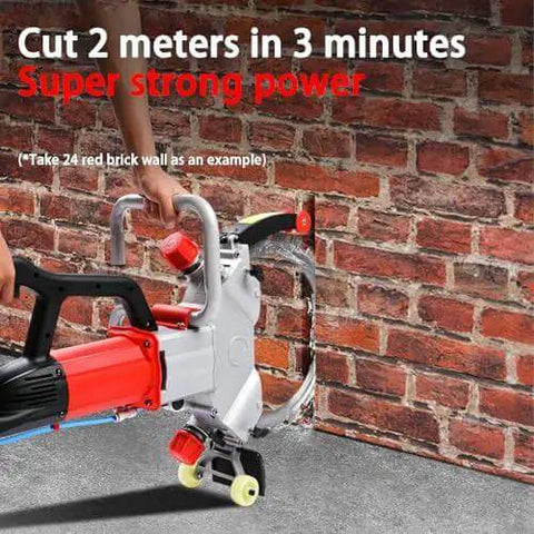 Heavy-Duty Concrete Circular Saw With Water Pump For Wet Dry Cutting Of Stone And Reinforced Concrete Up To 270mm Deep cutting through a brick wall.