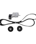 Beat That Noisy Engine Sound With This Heavy Duty Timing Belt Tensioner Pulley Complete Kit Designed For 2006 To 2015 Kia And Hyundai Models With 2.0L And 2.4L Engines Including V Ribbed Idler Roller Aid For Optimal Fit Like New Again. timing belt tensioner kit with belt, two pulleys, and tensioner assembly on white background