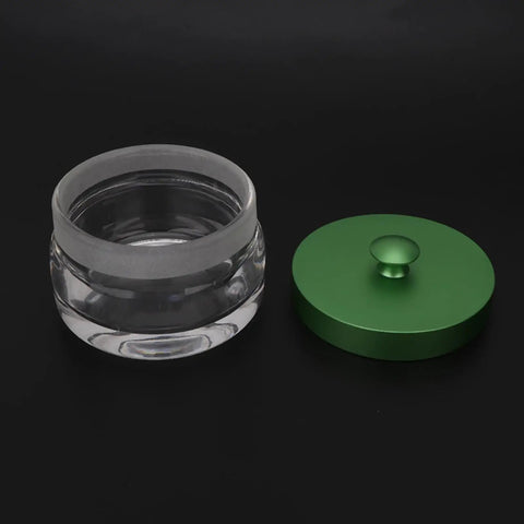 Pro Grade Glass Watch Movement Cleaning Jar With Spill Proof Lid Durable Oil Washing Container For Horologists And Watchmakers Leak Proof Glass Body For Safe Easy Watch Repair And Maintenance, shown open with green lid beside