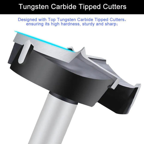 Close-up of Straight Shooting Carbide Forstner Drill Bit 2-3/8 Inch Hex Shank showing tungsten carbide tipped cutters for woodworking.