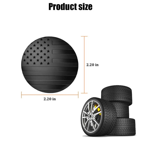 Heavy Duty American Flag Wheel Hub Center Caps 4 Pack, Rustproof Aluminum 2.2 Inch Rim Covers, Patriotic Usa Decal on sizing display.