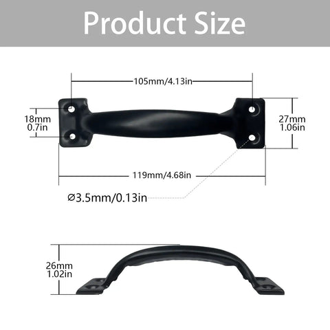 Size dimensions of 2 Pack 5 Inch Black Metal Vintage Barn Door Pull Cabinet Handle Set for Farmhouse Rustic Cabinets Indoor Outdoor Use