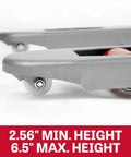 Close-up of Pallet Jack 16 Inch By 36 Inch Low Profile Load Lift With 5500 Lb Capacity "min 2.56 max 6.5 height" and wheels.