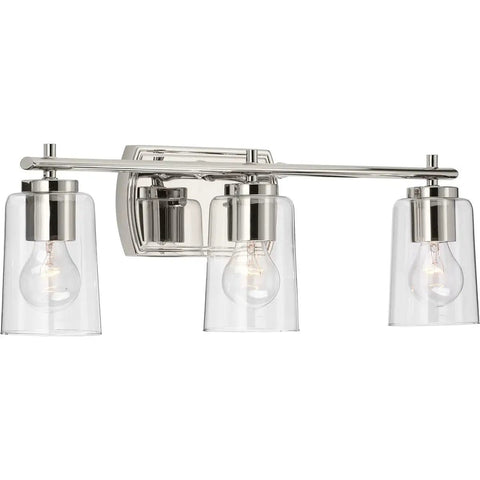 Front view of Adley Collection 3 Light Clear Glass Bath Vanity Light Polished Nickel Finish Wall Mounted Traditional Fixture
