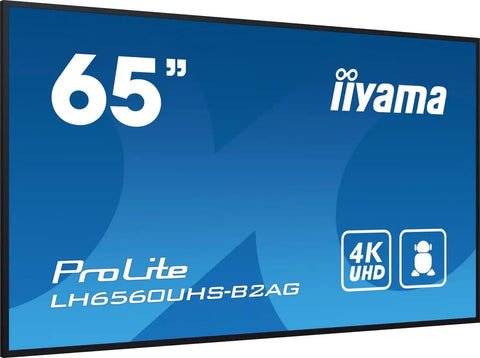 65 inch iiyama LH6560UHS-B2AG UHD LCD digital signage display with sleek design for retail settings.