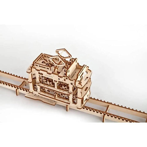 3D Mechanical Tram Kit Build Your Own Vintage Streetcar Model With Gears And Moving Parts Hands On STEM Puzzle For Adults And Teens Satisfying Build Realistic Motion And Fun To Play. Wooden tram model on track