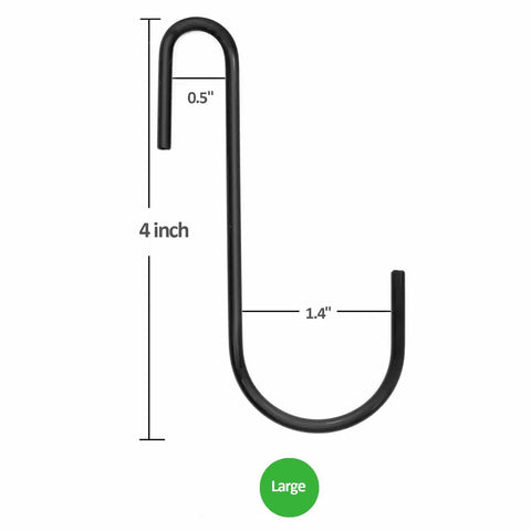 Close-up of a black 4-inch S hook with measurements for 18 Pack 4 Inch Heavy Duty S Hooks For Oval Ceiling Pot Rack And Kitchen Organization Durable Hangers For Pans Pots Utensils Spoons Towels Bags Clothes Plants Black.