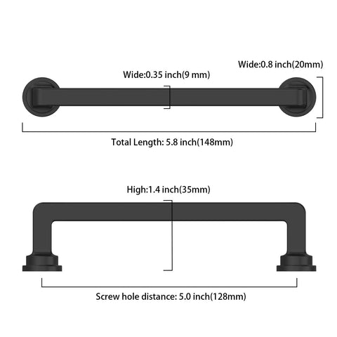 Dimensions of Matte Black Cabinet Pulls Set of 10, 5 Inch 128mm Zinc Alloy Drawer Handles for Kitchen Cabinets with measurements