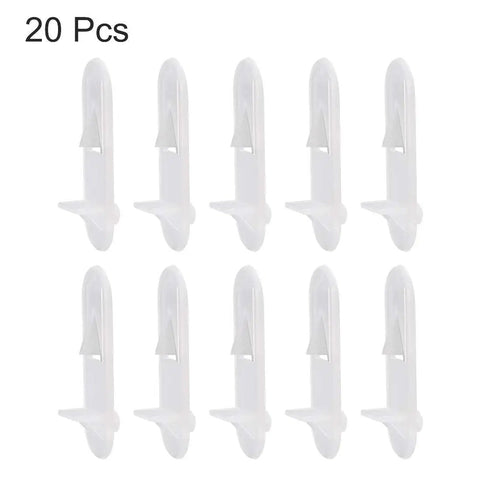 20 Pack Clear Plastic Shelf Support Pegs Crafted For Straightforward Kitchen Cabinet And Bookshelf Fixes Heavy Duty 7mm Locking Pins, displayed in a row.