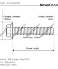 Badass M6X20mm Flanged Hex Bolts Stainless Steel 304 Heavy Duty Fasteners With Integrated Flange Base Zero Rust Guarantee For Truck Mods And Shop Projects 25 Piece Set dimensions illustration.