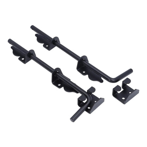 2pcs 12" Black Metal Gate Drop Rods, Heavy Duty Ground Latch Kit with sturdy hooks and mounting brackets.