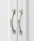 Two 3 inch brushed satin nickel cabinet handles installed on white kitchen cabinets, part of 10 Pack 3 Inch Brushed Satin Nickel Cabinet Handles And Pulls.
