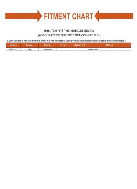 Fitment chart for Heavy Duty Front Brake Drum Kit Replacement Pair For 1967 Through 1973 Jeep Commando detailing compatibility.