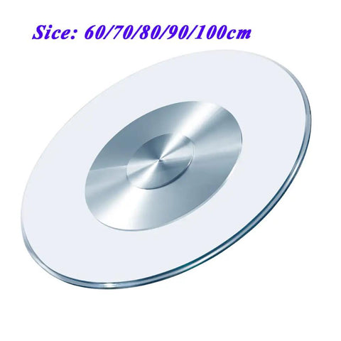 60cm Tempered Glass Lazy Susan Turntable for dining tables, 360 degree rotating serving plate, shown at an angle.
