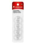 Front view of SINGER Class 66 transparent plastic bobbins, 4-pack in red-card packaging.
