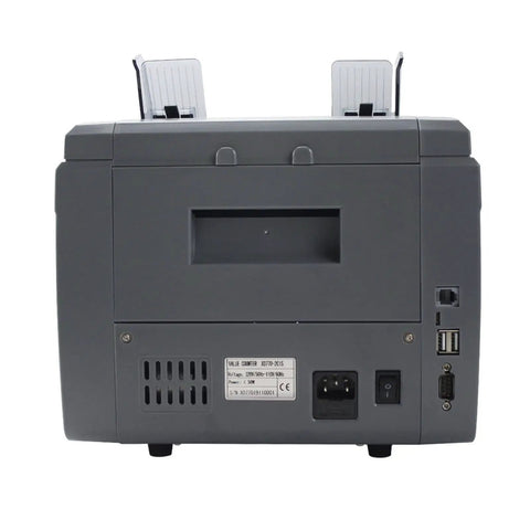 Rear view of the Boss Level Money Counter Machine For Mixed Bank Bills CIS Optical Sensor with USB ports and power input.