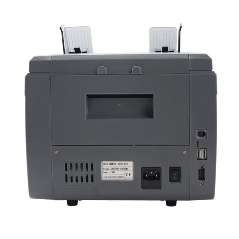 Automatic Money Counter Machine For Mixed Denomination Bills With Fast Tracking Sensors And Built In Receipt Printer back view showcasing ports and paper slots.