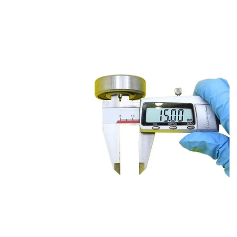 Digital caliper measuring 15mm of a 6302 Hybrid Ceramic Bearing for High Speed Motors and Heavy Duty Applications.