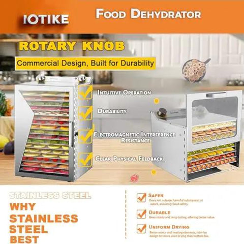 Top Shelf Electric Food Dehydrator Built Tough From Heavy Duty Stainless Steel With Six Roomy Trays Tuned By Smart Timers And Steady Dials Ideal For Slow Curing Fruits Lean Beef Jerky Soft Pet Bites Or Garden Greens Zero Fuss Daily Success featuring rotary knob and commercial design.