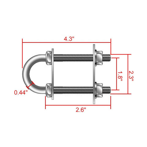 Front-view diagram of two-pack stainless steel bow stern eye U-bolts with nuts and washers; 1/2" stock, 4-1/4" length.