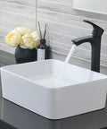 Rectangular Vessel Sink With Matte Black Faucet And Pop Up Drain 16 By 12 Inch Above Counter White Porcelain Ceramic Bathroom Basin Dope Combo Includes Water Line Hoses For Easy Install showing water flowing into the sink