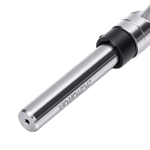 Heavy Duty Carbide Flush Trim Router Bit With Top Bearing Guide for Sleek Wood Trimming and Slotting Jobs 3/8 Inch Diameter Blade 1/4 Shank close-up.