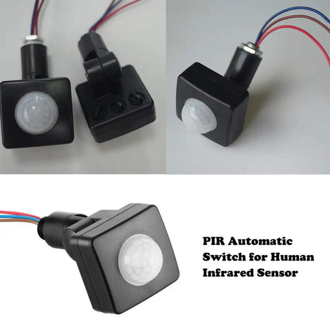 1 Piece PIR Motion Sensor Switch With Adjustable Detection Distance And Delay Time For Automatic Lighting Infrared Body Sensor Night Or Day Lighting Control Easy Lamp Compatibility And Auto On Off shown top view and side view with wiring.