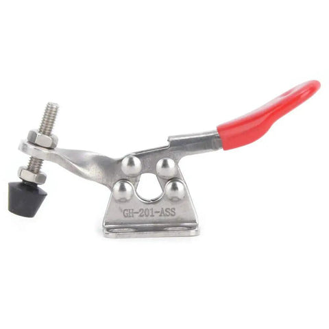 Badass Toggle Clamps With Quick Release Latch For Welding Jigs And Heavy Duty Fixtures Crafted From Premium 304 Stainless Steel Delivers Bone Crushing Grip Two Pack, close-up view of clamp with rubber tip.