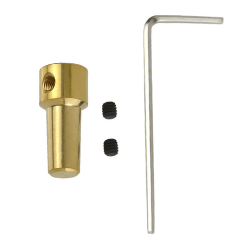 Front view of brass JTO base collet sleeve with 3.17mm bore, two set screws, and L-shaped hex key