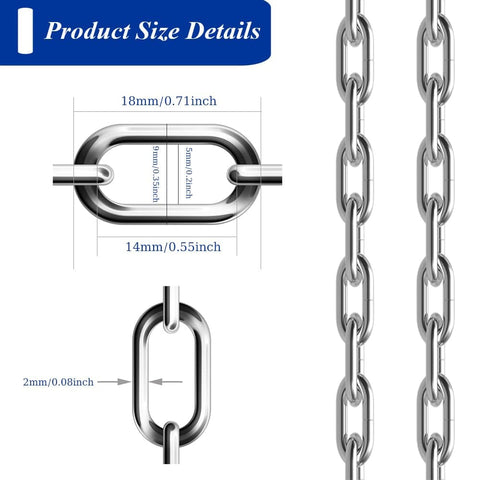 Diagram showing link sizes of Heavy Duty 50ft 2mm Stainless Steel Chain With Spool For Hanging Bird Feeders Dog Leashes Signs And DIY Projects 304 Stainless Rust Resistant Built Tough Easy To Cut And Use