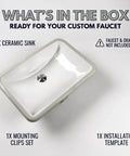 Undermount White Bathroom Sink 18 By 12 Inch Interior Rectangular Bowl Fits 24 Inch Vanity, ceramic sink with mounting clips and template.