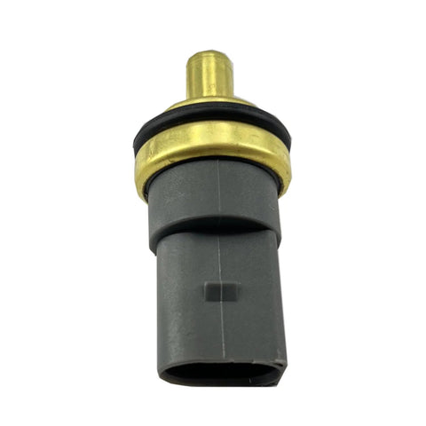 Side view of DEVMO coolant temperature sensor with brass mounting stud and gray plastic connector