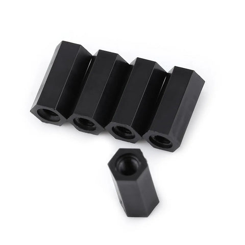 Order 100 M3 Female To Female Hex Nylon Standoff Spacers Black pillars showing five black nylon hex standoffs for DIY projects.