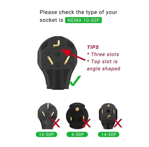 Premium Nema 10 To 6 Adapter For Ev Level 1 Charging Heavy Duty Three Prong Dryer Cord Converter showing NEMA 10-30 plug type.