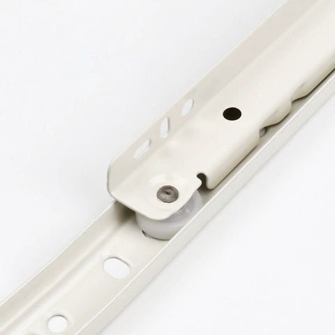 Smooth As Butter White Roller Drawer Slides, Bottom Mount Partial Extension Runners With Quiet Glide, Durable Cold Rolled Steel, 25Kg Capacity, 14 Inch Length close-up showing roller mechanism.