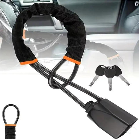 Heavy Gauge Cable Steering Wheel Lock Built Tough Anti Theft Car Guard adjustable braided steel loop with keys.