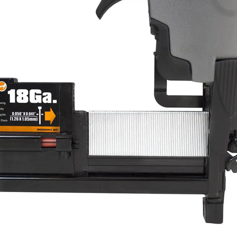 Straight Shooting Pneumatic 3 In 1 Nailer And Stapler Combining 16 Gauge Finish Nails With 18 Gauge Brad Staples For Cabinet Install Furniture Fix Crown Molding And Craft Tasks You Dig close-up of 18 gauge stapler loading