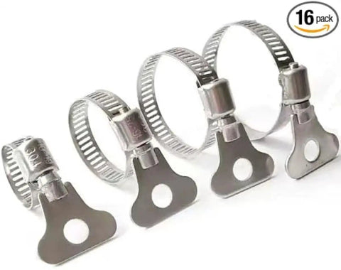 16Pc 304 Stainless Steel Hose Clamps Set With Adjustable Thumb Screw Key Type Clamps in sizes 6-44mm for plumbing and mechanical use