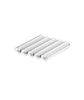 Real Deal Alnico 5 Cow Magnets Half Inch Size By Three Inches Long Five Piece Heavy Duty Cylinder Pack arranged in a row.
