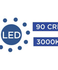 LED symbol with 90 CRI 3000K label for 18 Inch LED Oval Flush Mount Ceiling Light With One Light, Dimmable To 10 Percent, 120V AC, Replaceable Module, Modern Low Profile Fixture, Energy Efficient LED, Easy Install, Includes 5 Year Limited Warranty.