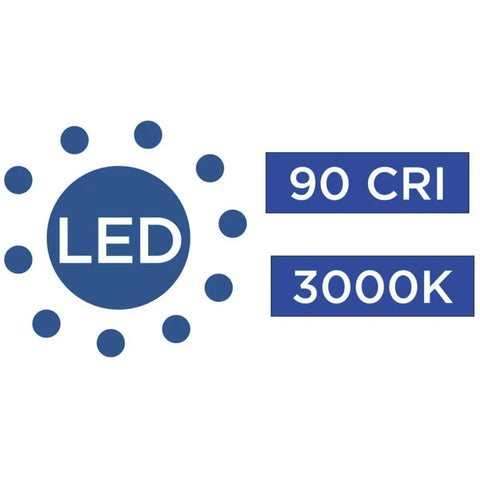 LED symbol with 90 CRI 3000K label for 18 Inch LED Oval Flush Mount Ceiling Light With One Light, Dimmable To 10 Percent, 120V AC, Replaceable Module, Modern Low Profile Fixture, Energy Efficient LED, Easy Install, Includes 5 Year Limited Warranty.