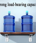 No Nonsense Heavy Duty Wall Mounted Corner Shelf Bracket Pair supporting water bottles on a wooden shelf with metal brackets.