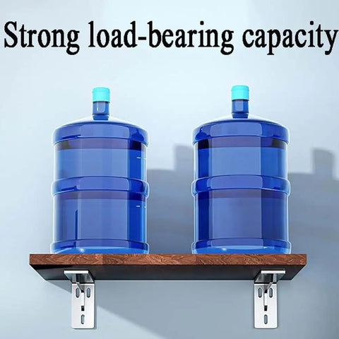 No Nonsense Heavy Duty Wall Mounted Corner Shelf Bracket Pair supporting water bottles on a wooden shelf with metal brackets.