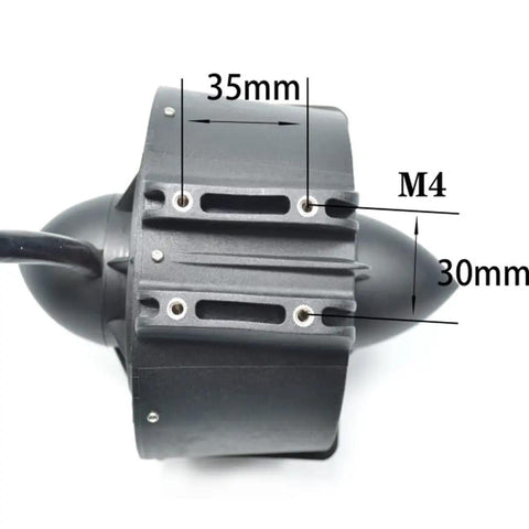 Beefy Underwater Thruster Max 24V 1080W Brushless Motor with CCW three blade propeller, side view highlighting measurements.