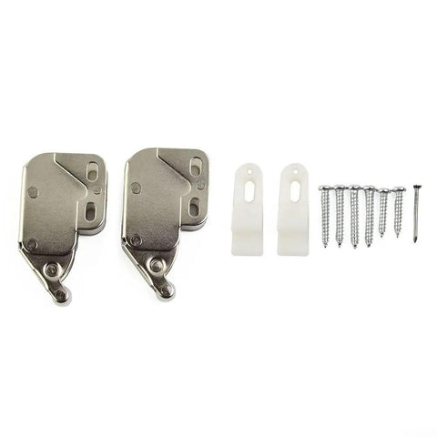 Push To Open Cabinet Latch With Automatic Spring Action High Cycle ABS Door Catch, screws and plastic holders displayed