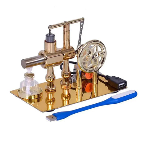 Ready To Run Stirling Engine Educational Kit No Assembly Needed Desktop Science Toy With USB LED Lights displayed on desktop