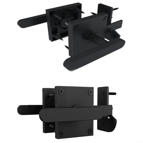 Heavy Duty Double Sided Gate Latch With Flip Lock And Padlock Holes For Rock Solid Yard Security No Sweat Operation visible from two angles.